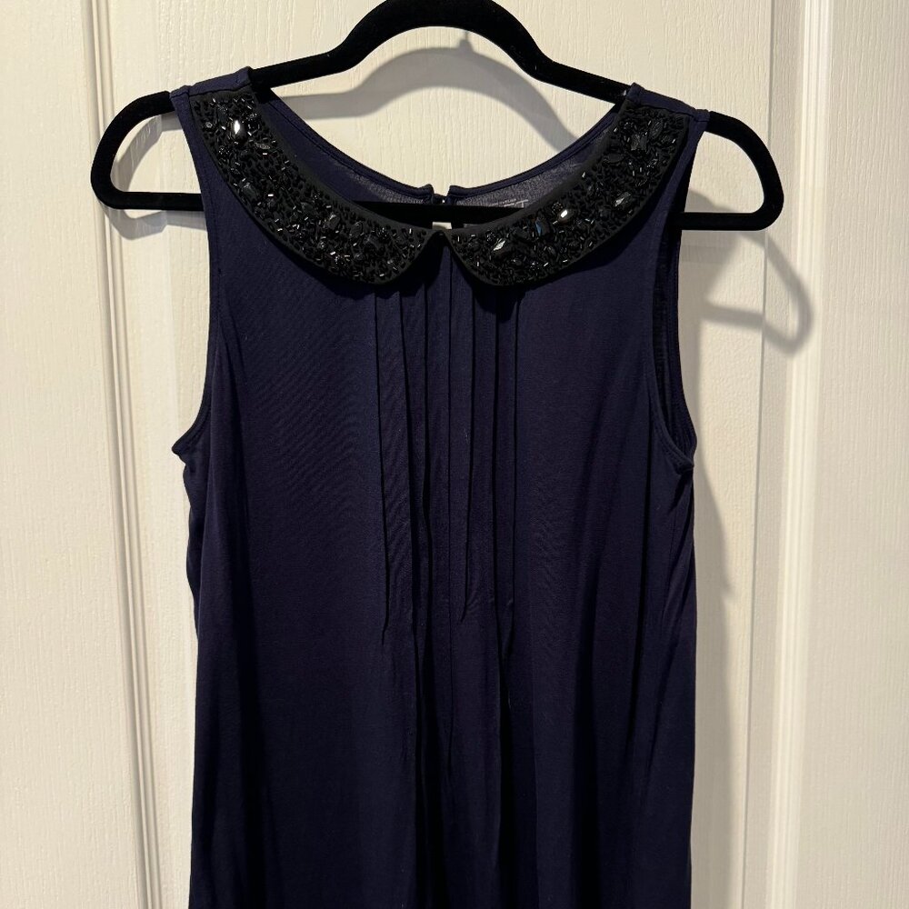 LOFT Navy Sleeveless Blouse with Black Embellished Collar